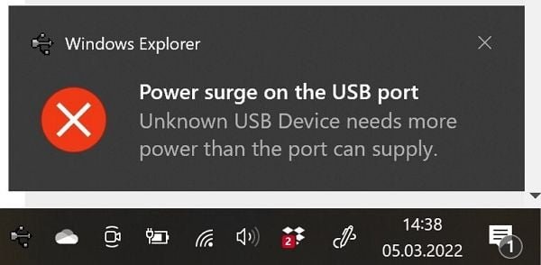 lỗi power surge on the usb port